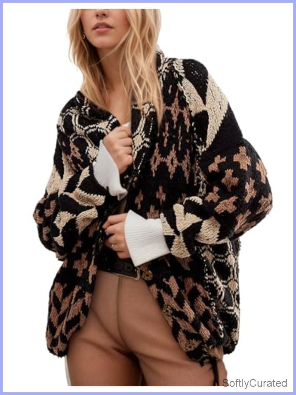 Oversized Boho Cardigan Sweater Button Down Shawl Collar Y2K Knit Sweater Coat